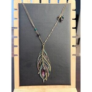 Bohm Peacock Feather Necklace Purple Green Blue Rhinestone Enamel Statement